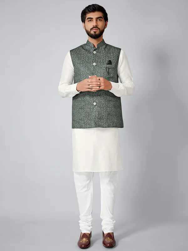 Green printed festive wear kurta set in terry rayon