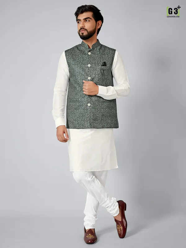 Green printed festive wear kurta set in terry rayon
