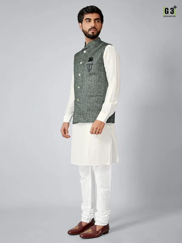 Green printed festive wear kurta set in terry rayon