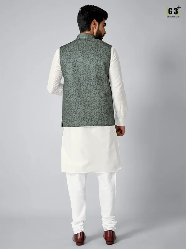 Green printed festive wear kurta set in terry rayon