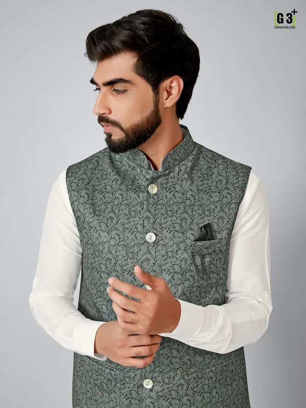 Green printed festive wear kurta set in terry rayon