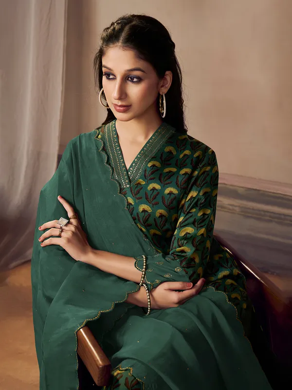 Green printed festive wear silk kurti set