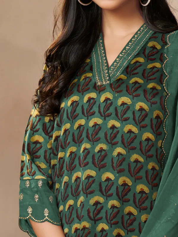 Green printed festive wear silk kurti set