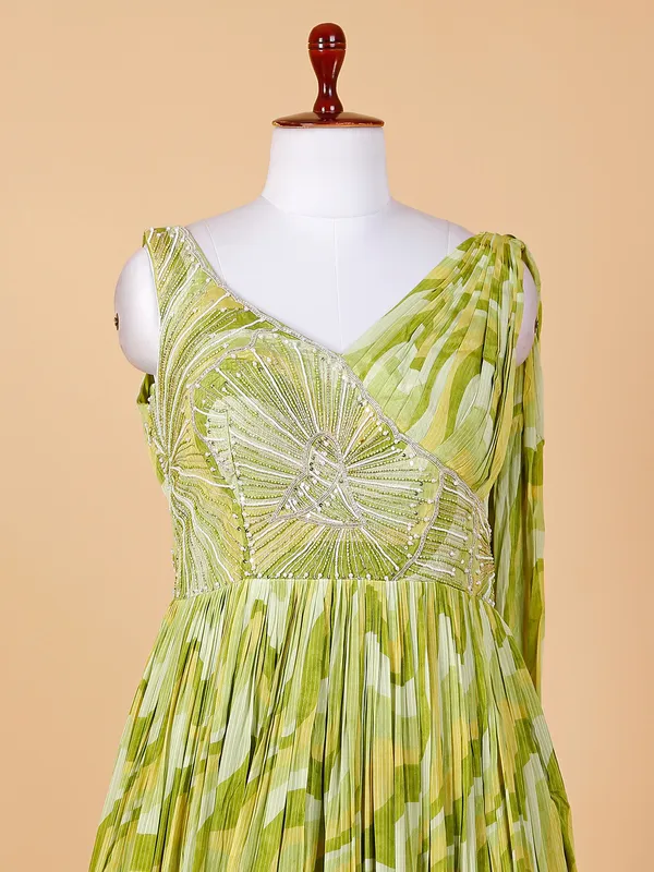 Green printed floor length gown in georgette