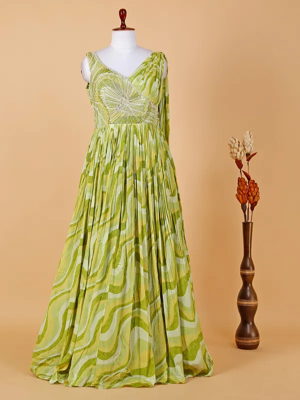 Green printed floor length gown in georgette