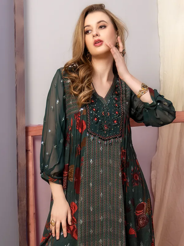 Green printed georgette palazzo salwar suit