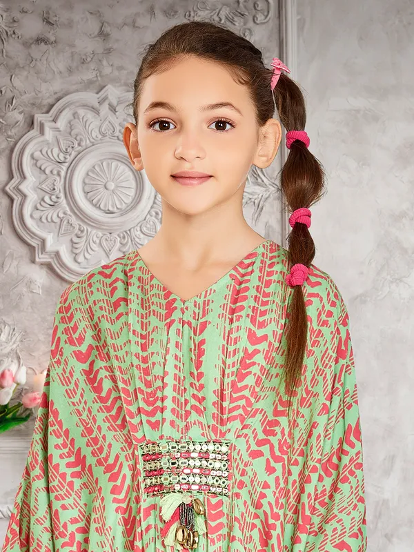 Leo N Babes Green printed kaftan style frock for girls