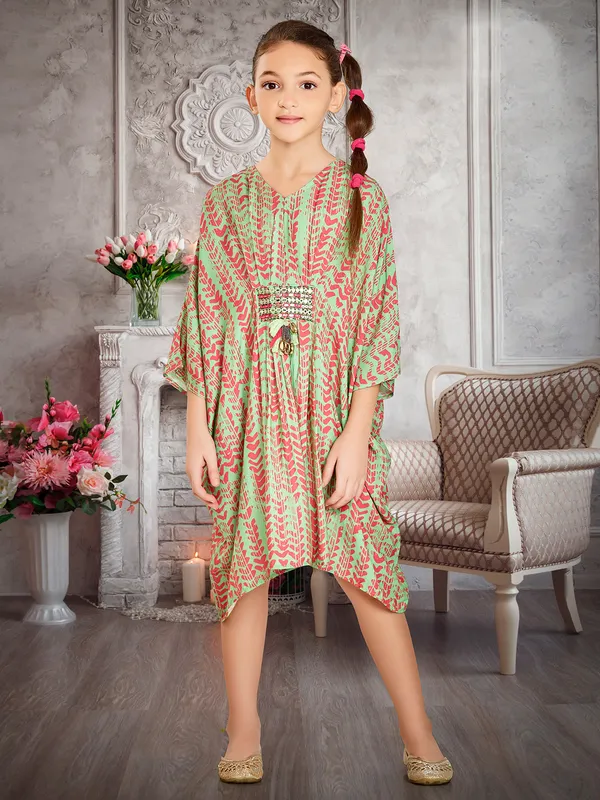 Leo N Babes Green printed kaftan style frock for girls