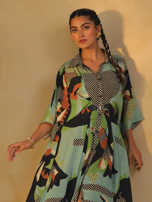 Green printed kurti for casual wear in silk