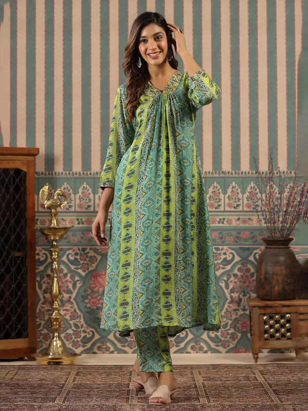 Green printed kurti set in soft silk