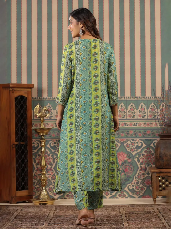 Green printed kurti set in soft silk