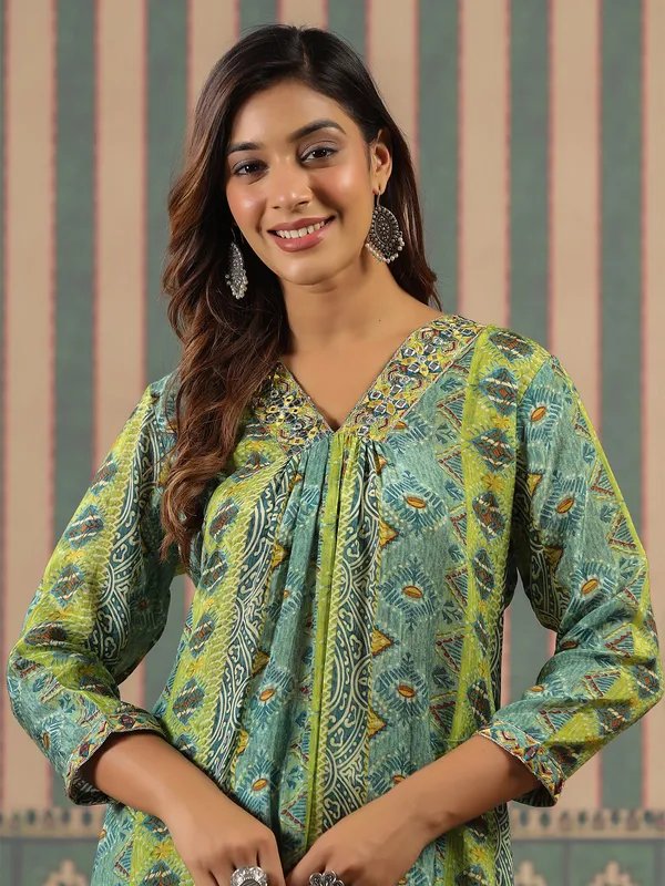 Green printed kurti set in soft silk