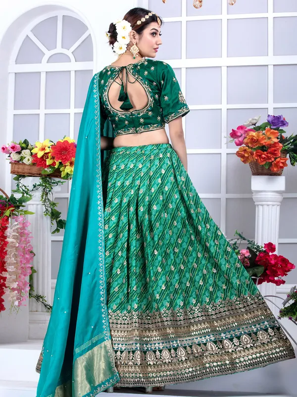 Green printed lehenga choli in silk