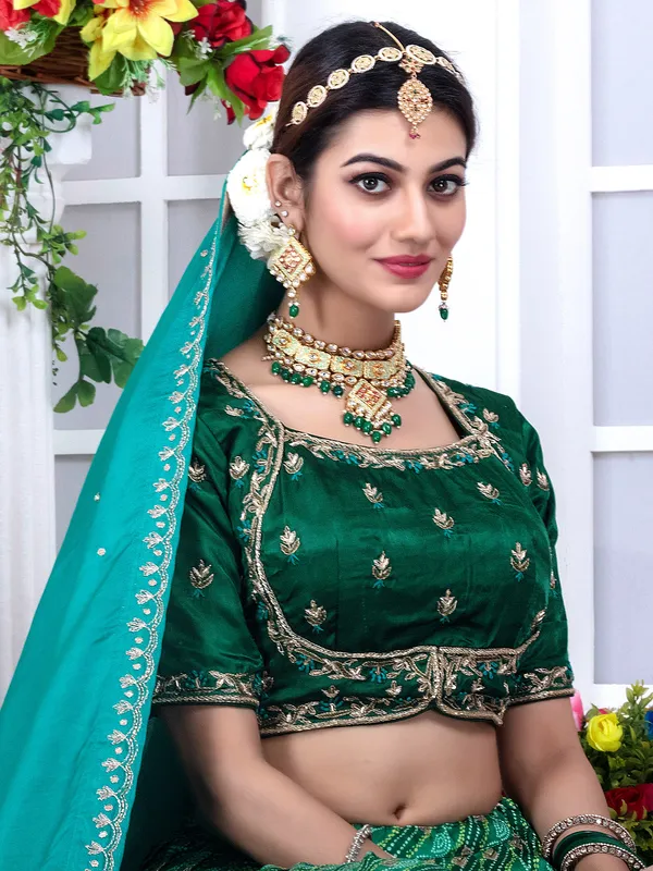 Green printed lehenga choli in silk