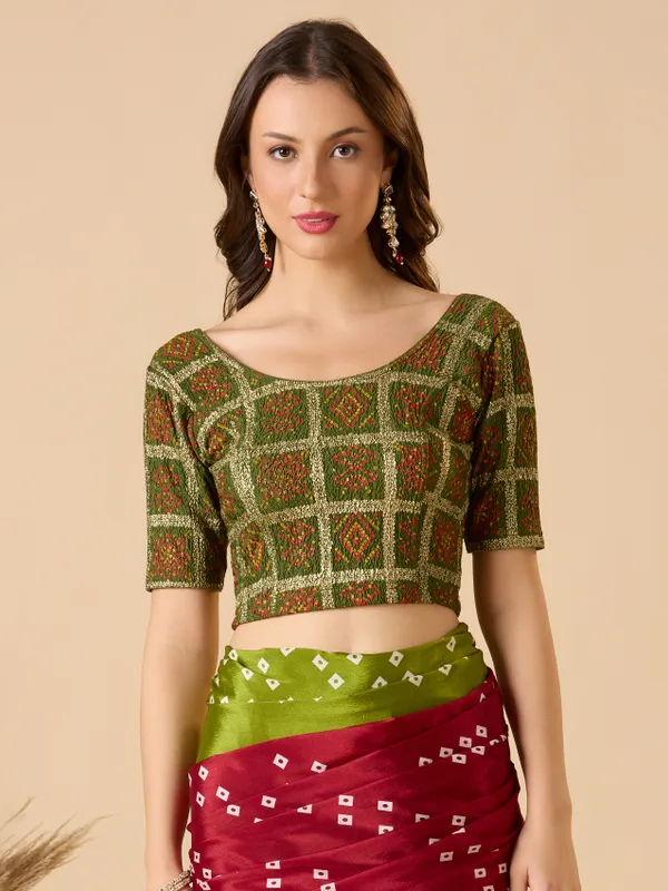 Green printed lycra ready made blouse with round neck