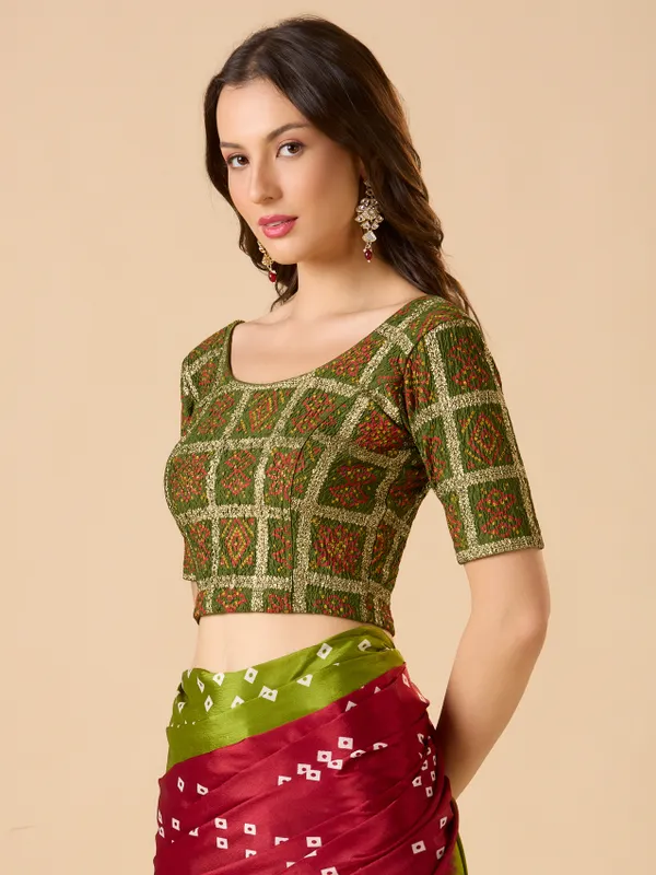 Green printed lycra ready made blouse with round neck