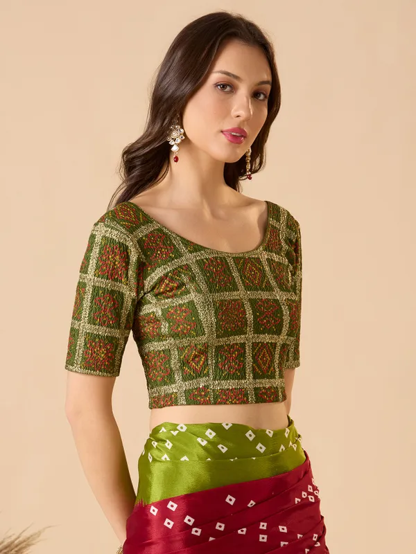 Green printed lycra ready made blouse with round neck