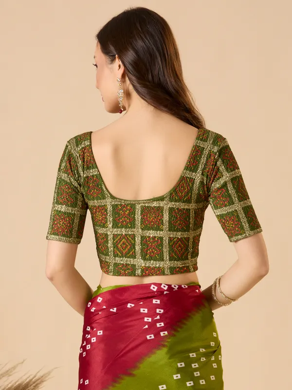 Green printed lycra ready made blouse with round neck