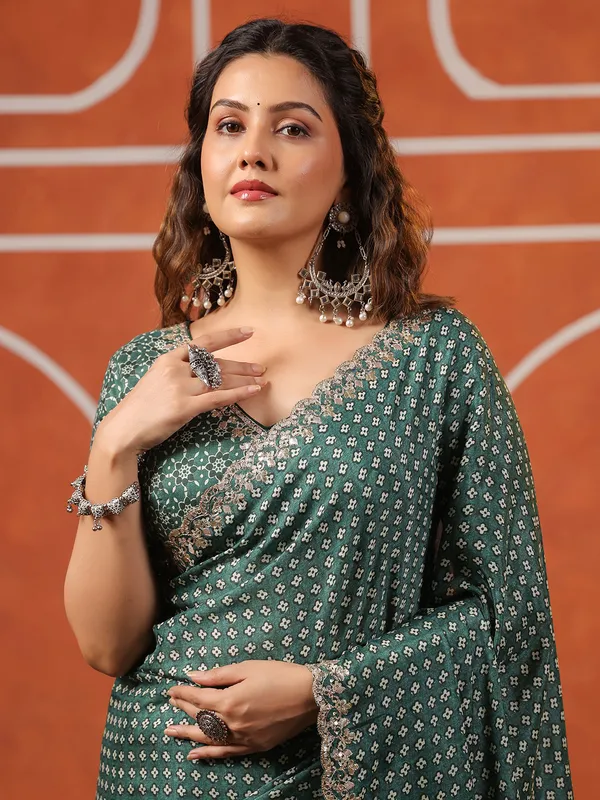 Green printed muslin saree for festive
