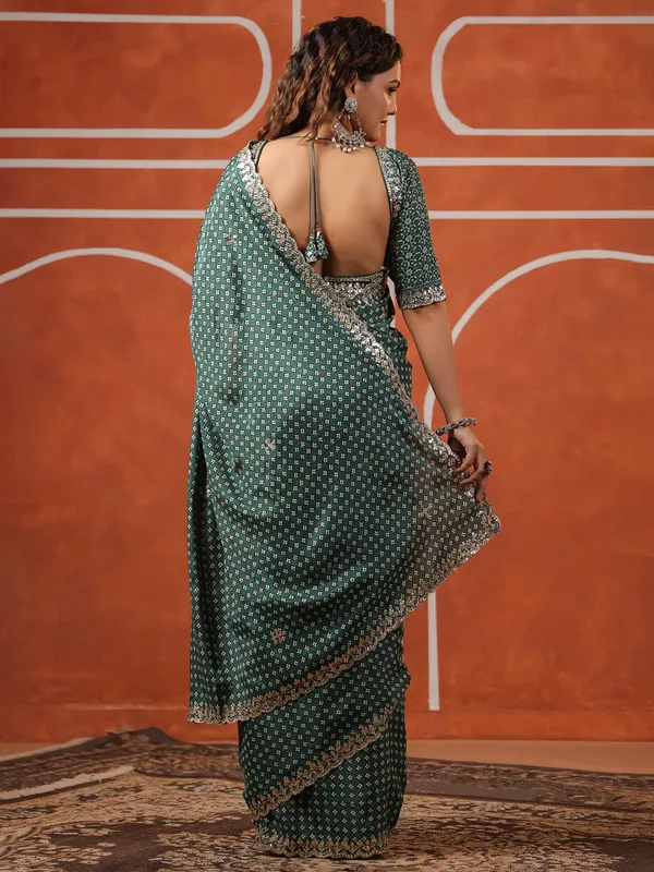 Green printed muslin saree for festive
