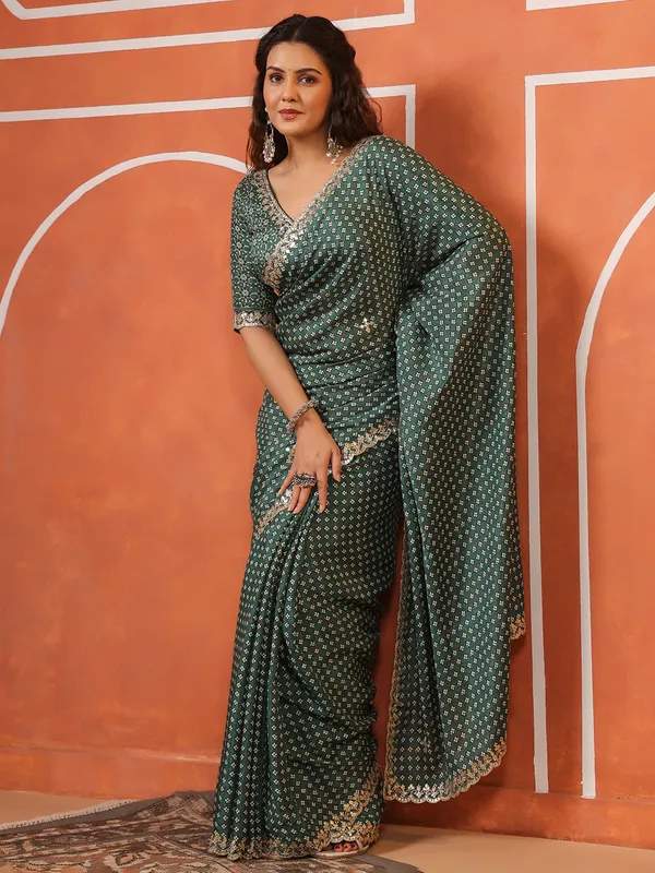 Green printed muslin saree for festive