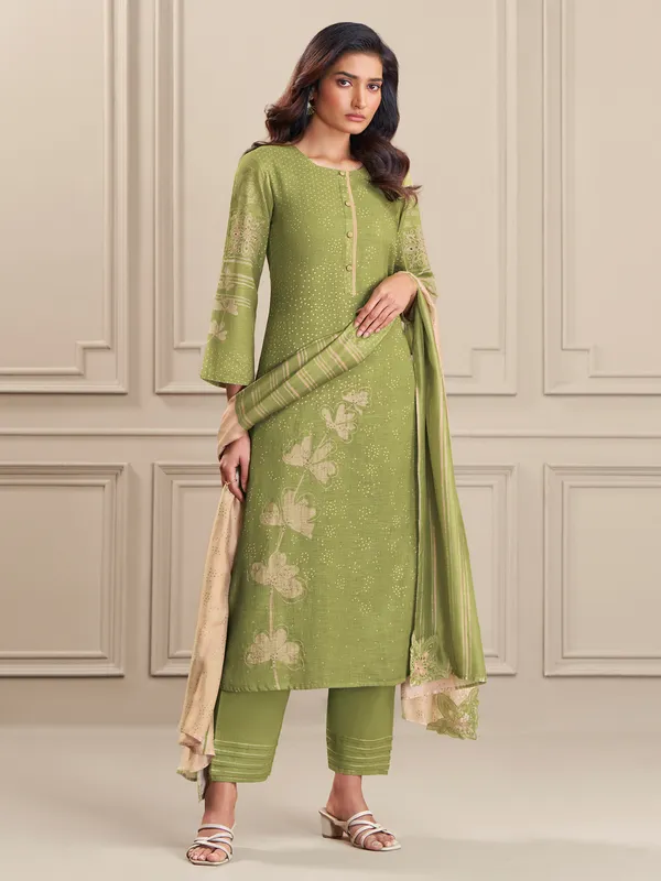 Green printed salwar suit in linen cotton for women