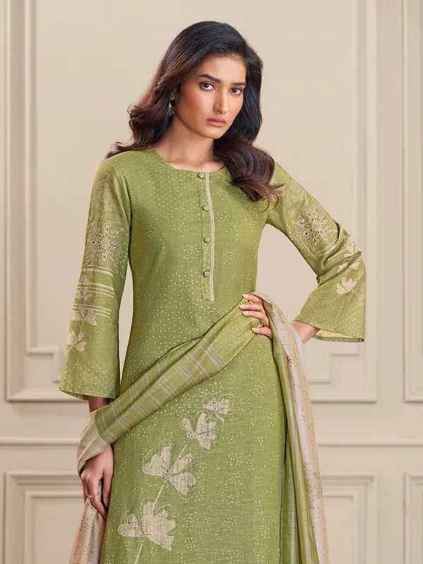Green printed salwar suit in linen cotton for women