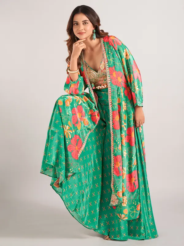 Green printed satin silk palazzo suit for wedding