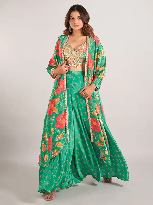 Green printed satin silk palazzo suit for wedding