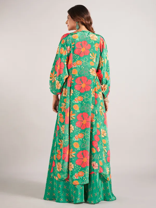 Green printed satin silk palazzo suit for wedding