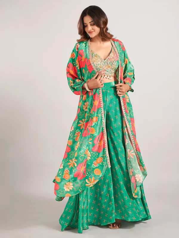 Green printed satin silk palazzo suit for wedding