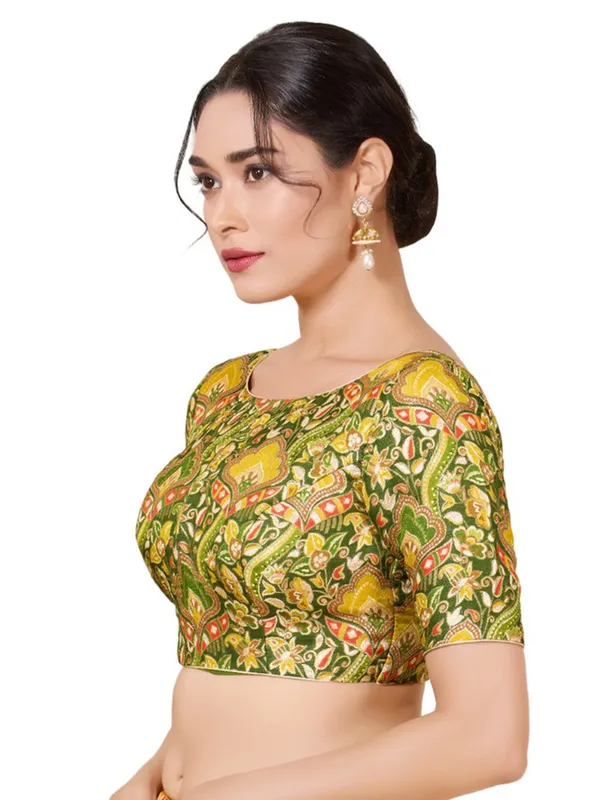 Green printed silk blouse with boat neck
