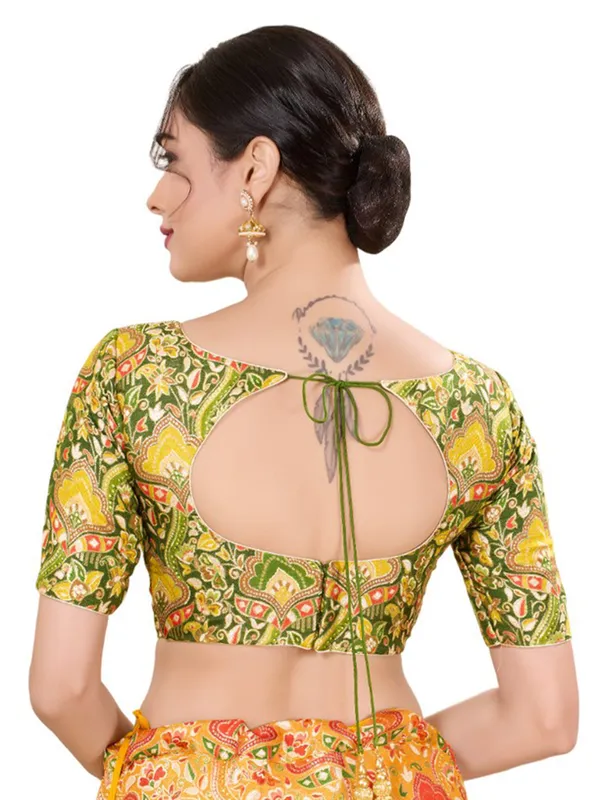 Green printed silk blouse with boat neck