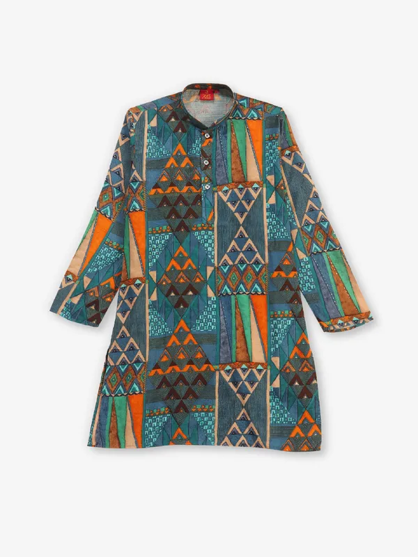 Green printed silk kurta suit for boys