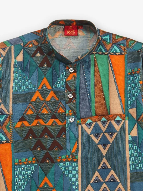 Green printed silk kurta suit for boys