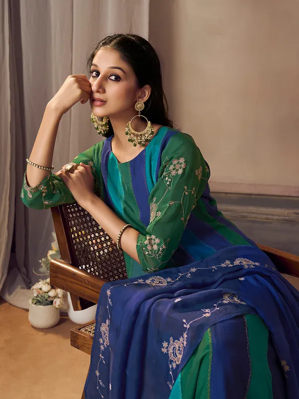 Green printed silk kurti set for women