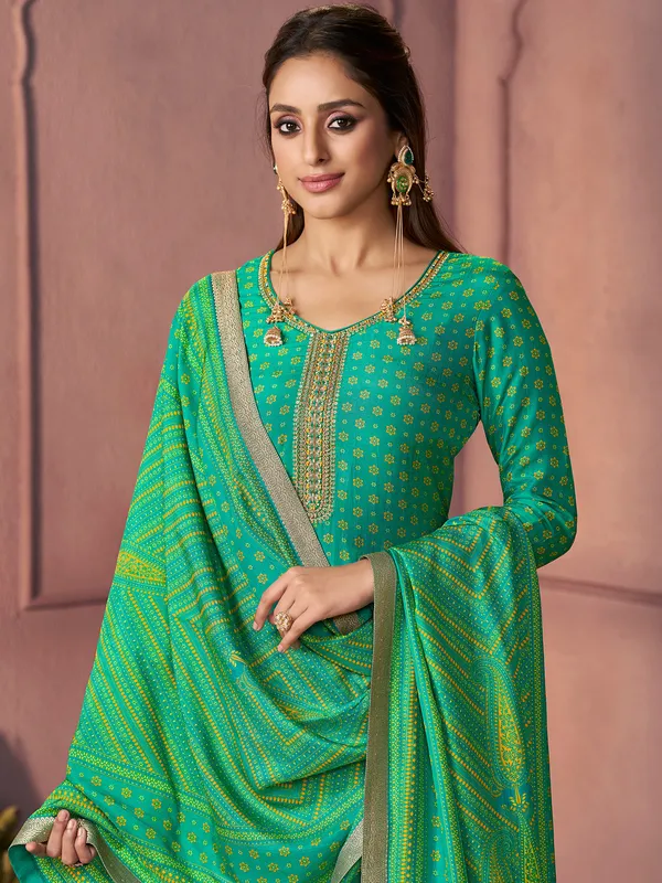 Green printed silk kurti set with zardosi work
