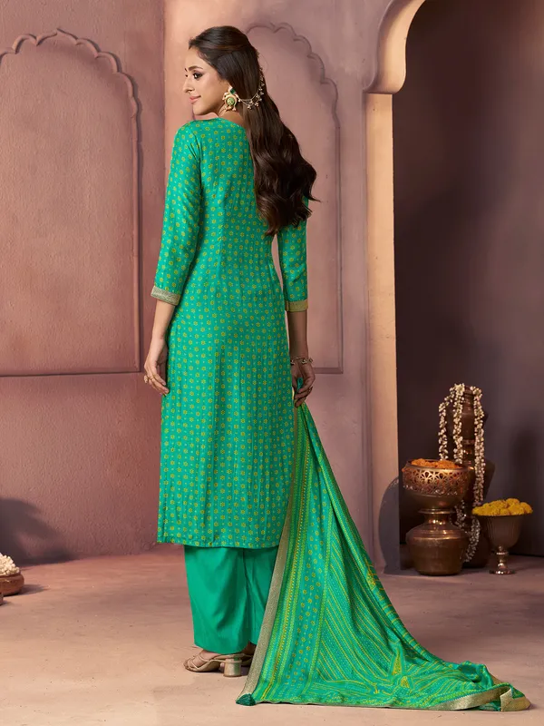 Green printed silk kurti set with zardosi work