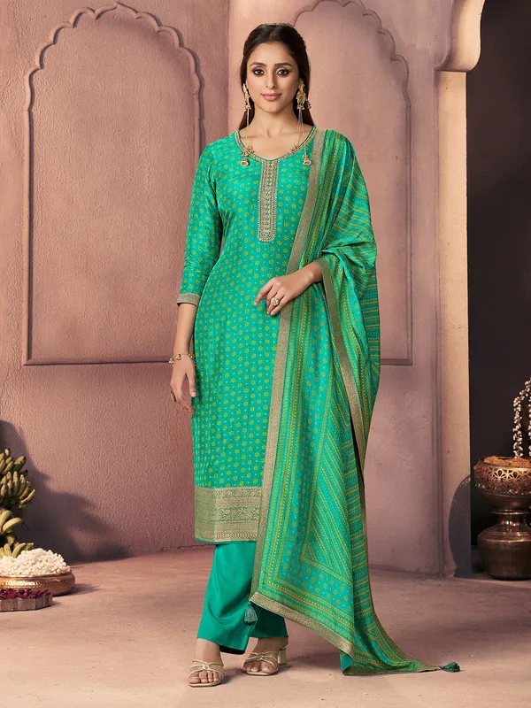 Green printed silk kurti set with zardosi work