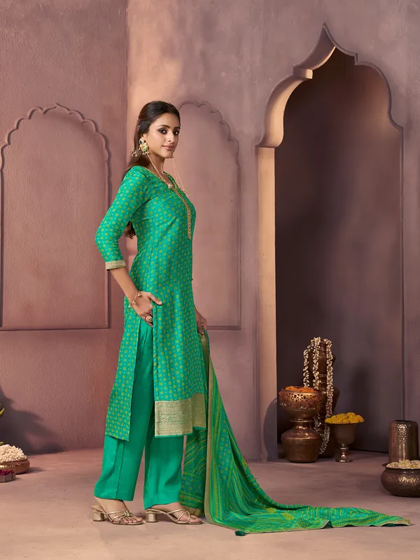 Green printed silk kurti set with zardosi work