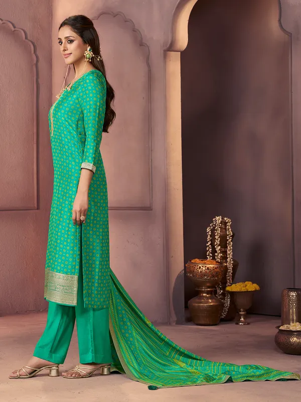 Green printed silk kurti set with zardosi work