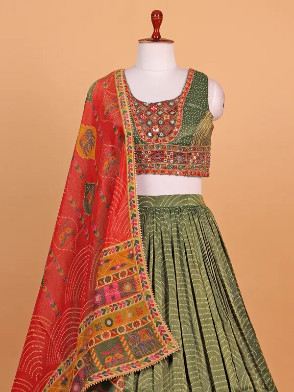 Green printed silk lehenga choli for wedding wear