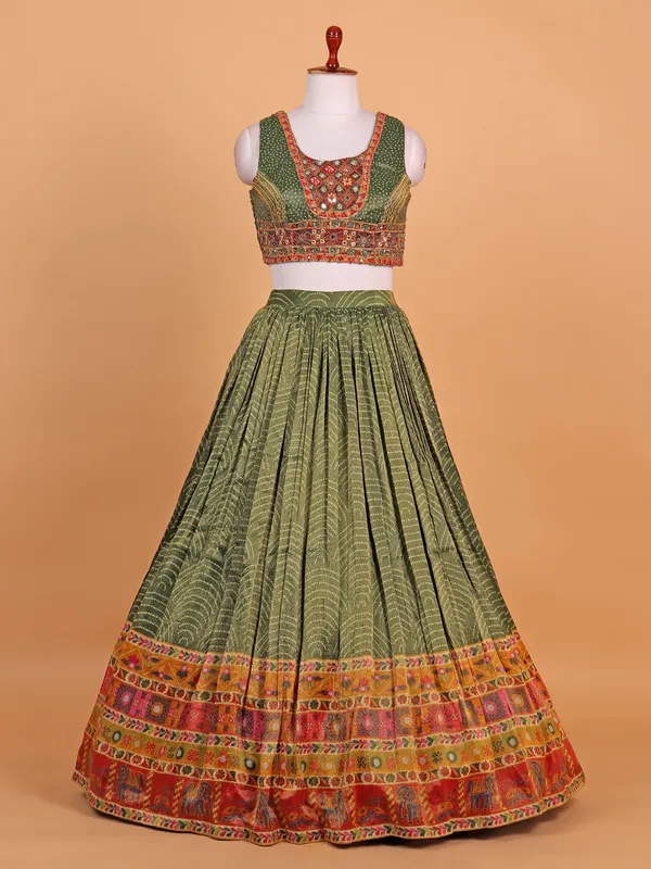 Green printed silk lehenga choli for wedding wear