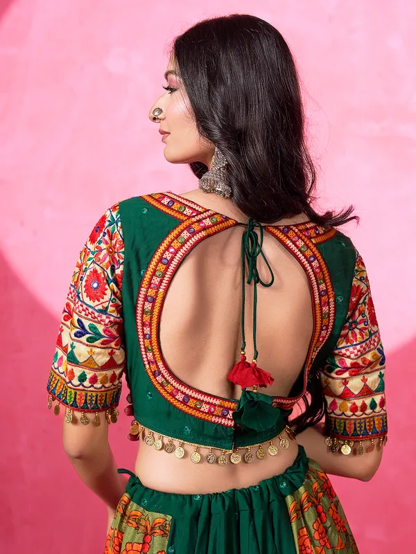 Green printed silk navratri wear lehenga choli