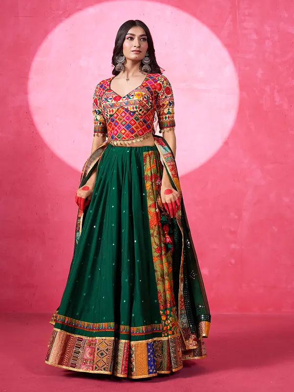 Green printed silk navratri wear lehenga choli