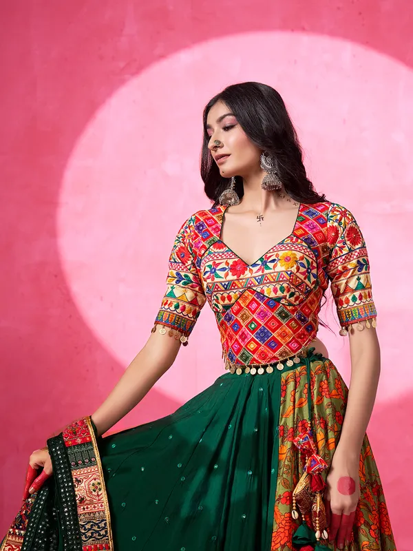 Green printed silk navratri wear lehenga choli