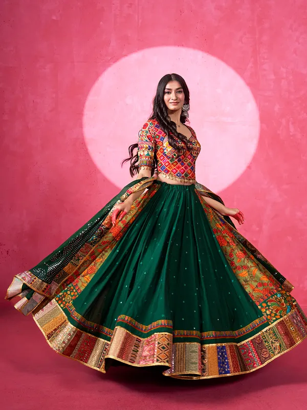 Green printed silk navratri wear lehenga choli