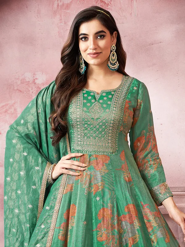 Green printed silk salwar suit for women