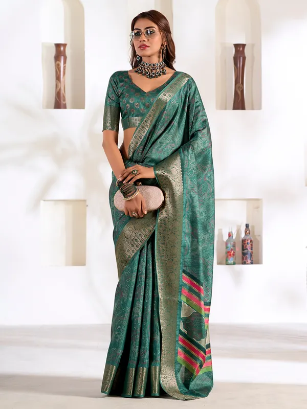 Green printed silk saree for festive