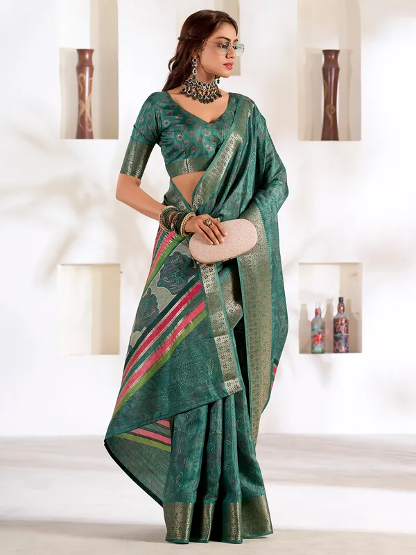 Green printed silk saree for festive